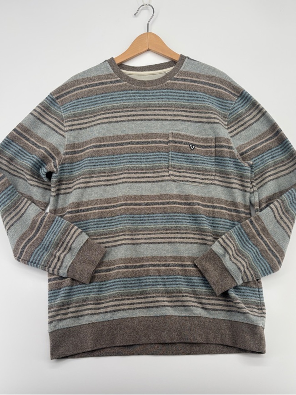 Vissla Beacons Striped Pocket Crewneck Sweatshirt XL Java Brown French Terry
